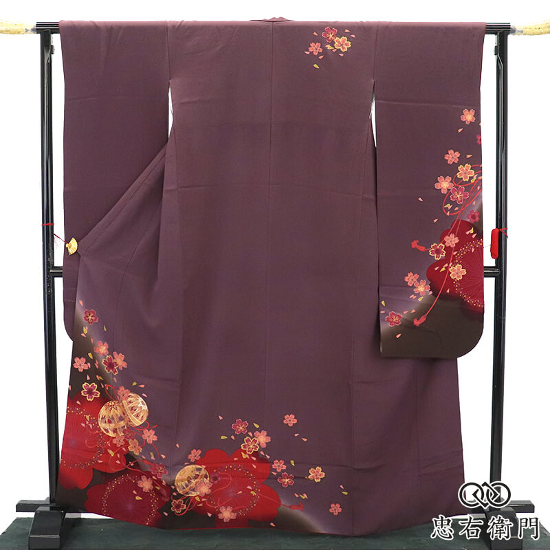 振袖 長襦袢 2点 セット 成人式 レディース 正絹 灰紫 桜 鞠 レトロモダン 粋 身丈167cm 裄丈68cm 結婚式 式典 フォーマルLサイズ相当リサイクル着物 リユース着物 中古着物 送料無料 即日発送 【中古】