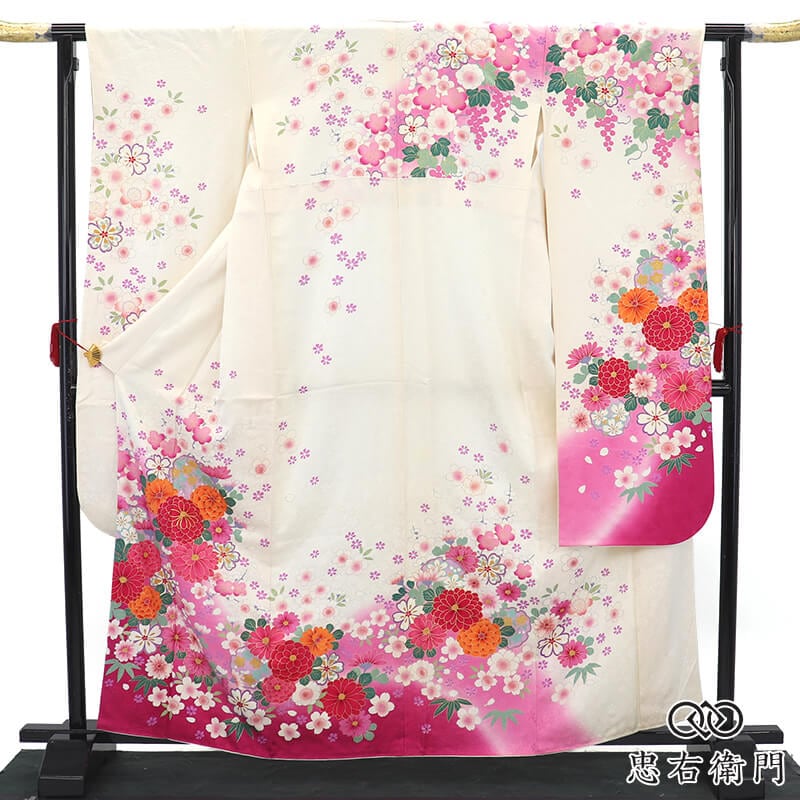 振袖 長襦袢 2点 セット 成人式 レディース 正絹 白 菊 桜 金駒刺繍 華やか 身丈167cm 裄丈67.5cm 結婚式 式典 フォーマル Lサイズ相当 リサイクル着物 リユース着物 中古着物 送料無料 即日発送 【中古】
