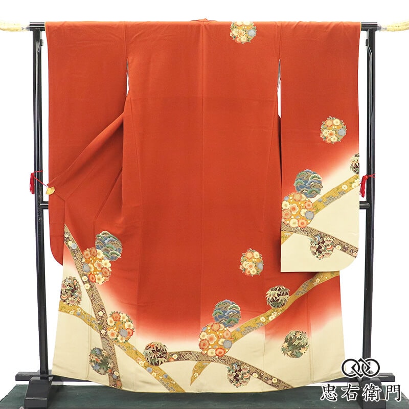 振袖 長襦袢 2点 セット 成人式 レディース 正絹 煉瓦茶 熨斗 松 橘 菊 伝統文様 身丈166cm 裄丈68.5cm 結婚式 式典 フォーマル Lサイズ相当リサイクル着物 リユース着物 中古着物 送料無料 即日発送 【中古】