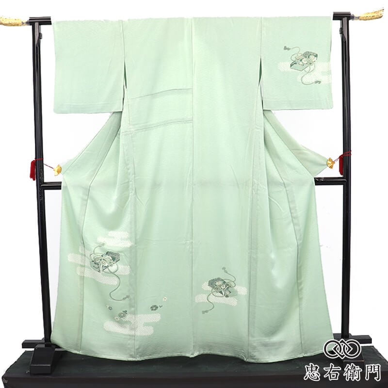 単衣着物 付下げ 袷 レディース 正絹 薄緑 文箱 部分絞り エ霞 上品 身丈169cm 裄丈67cm 観劇 パーティ 食事会 Lサイズ相当 リサイクル着物 リユース着物 中古着物 即日発送 【中古】