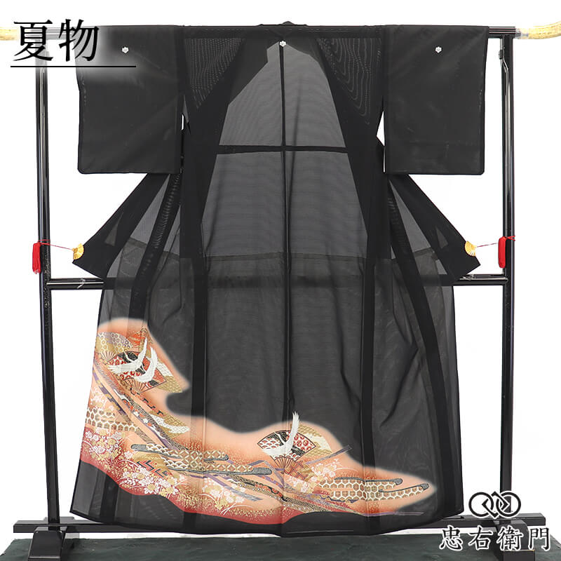 黒留袖　夏用　絽　刺繍　金彩　五つ紋　比翼付き　鶴　松竹梅　着物　074a d 10％OFF｜夏のクリアランスセール】絽 黒留袖 夏着物 五つ紋 比翼仕立