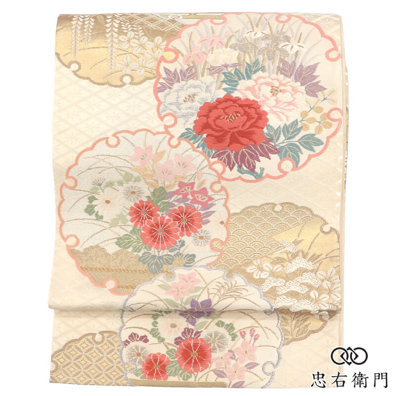 袋帯 フォーマル ふくろ帯 正絹 六通柄 ベージュ 雪輪 菊 秋草文 伝統文様 品格 長さ444cm 幅31cm 入学式 卒業式 式典 お茶会 リサイクル帯 中古帯 仕立て上がり帯 レディース 女性用 着物 送料無料 即日発送 【中古】