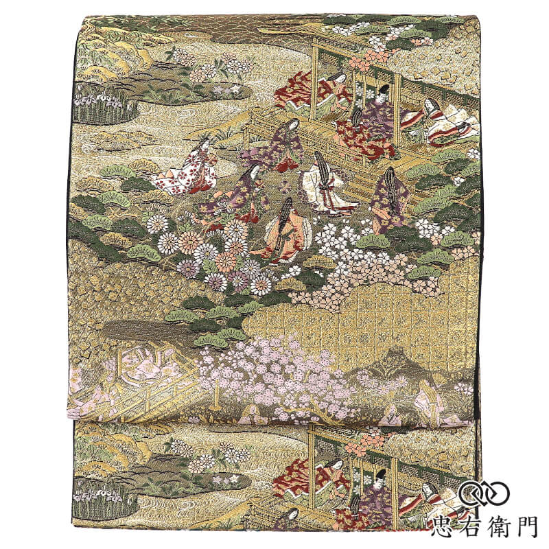 箱付き 西陣織 袋帯 フォーマル 2WAY 正絹 全通柄 金 源氏物語 華文 重厚感 時代絵巻 本金箔 長さ456cm 幅31cm 式典 お祝い パーティ 観劇 リサイクル帯 中古帯 仕立て上がり帯 レディース 女性用 着物 送料無料 即日発送 【中古】