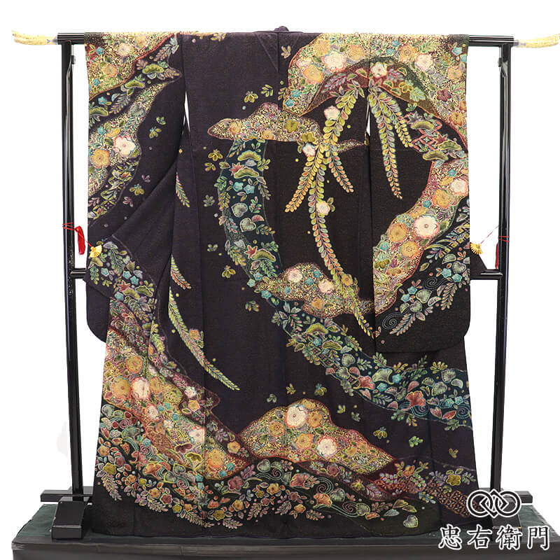 振袖 成人式 前撮り 正絹 単品 正絹 濃紫 辻が花 重厚感 高級感 身丈174cm 裄丈63.5cm 晴れ着 結婚式 Sサイズ相当 リユース振袖 中古振袖 レディース 女性用 即日発送 送料無料 【中古】