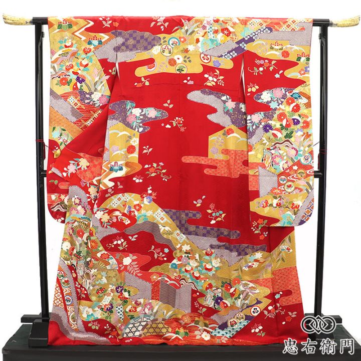 振袖 成人式 前撮り 正絹 単品 正絹 赤 古典柄 御所車 伝統文様 身丈