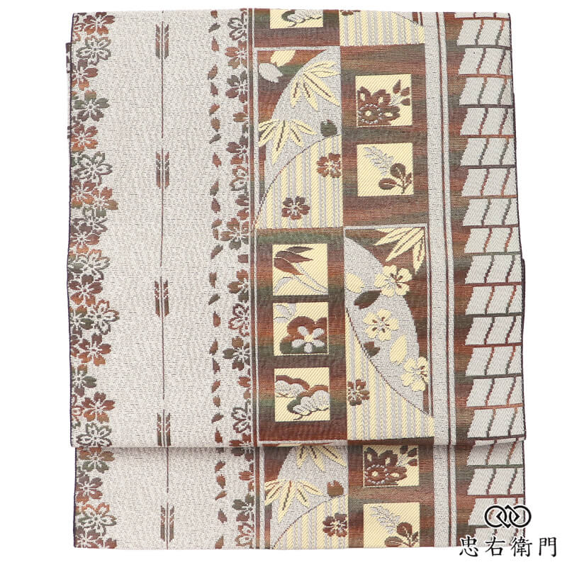 名古屋帯 なごや帯 正絹 六通柄 八寸帯 グレー 和柄 桜 松 おしゃれ 長さ347cm 幅30cm 街歩き 普段着 カジュアル お出かけ リサイクル帯 中古帯 仕立て上がり帯 レディース 女性用 着物 即日発送 【中古】