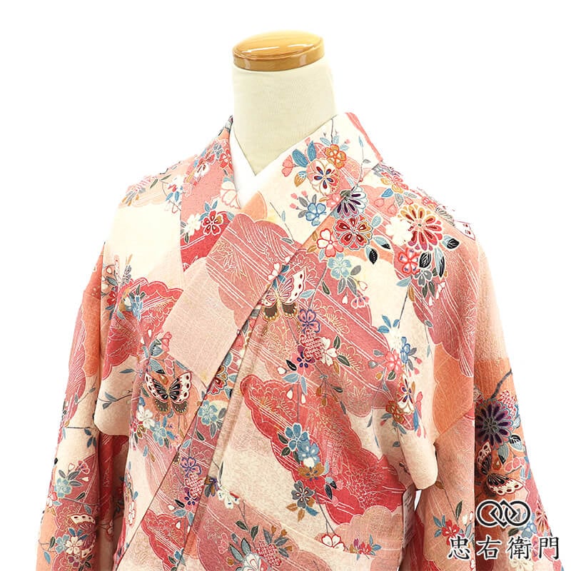 小紋 小紋着物 袷 レディース 正絹 ピンク 伝統文様 菊 蝶々 桜 伝統