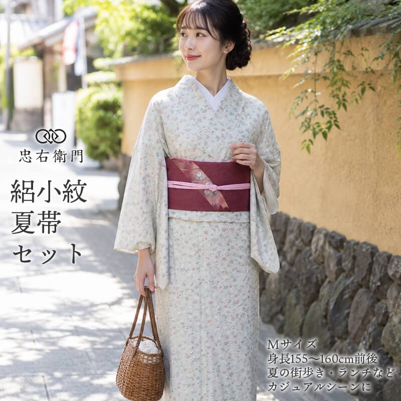 【お買得】夏着物と名古屋帯セット　小紋　普段着 夏コーデ　絽　着丈159㎝ コーディネートセット 夏着物 絽小紋 名古屋帯 小物 4点 着物セット