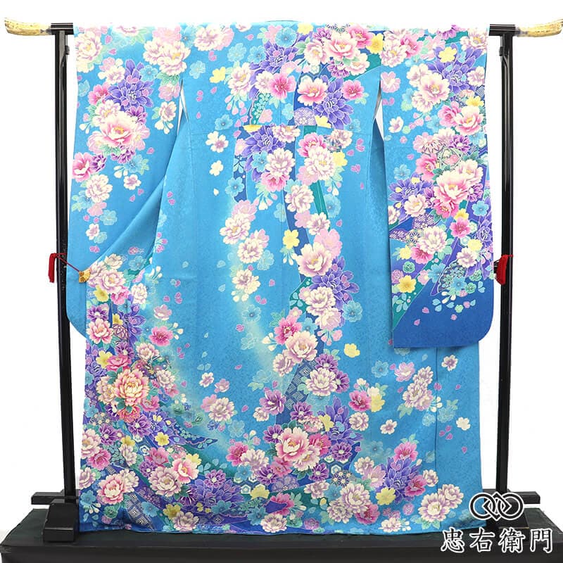 振袖 成人式 前撮り 正絹 単品 正絹 水色 牡丹 熨斗 金駒刺繍 古典柄
