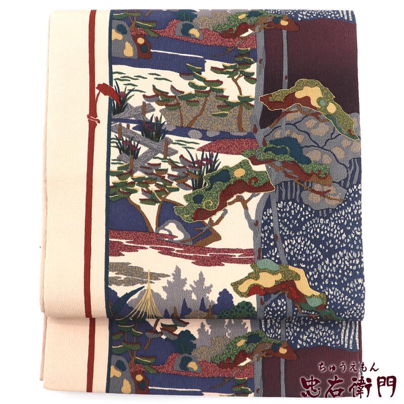 中古】 名古屋帯 正絹 九寸帯 全通柄 ベージュ 風景柄 縮緬 開き仕立て