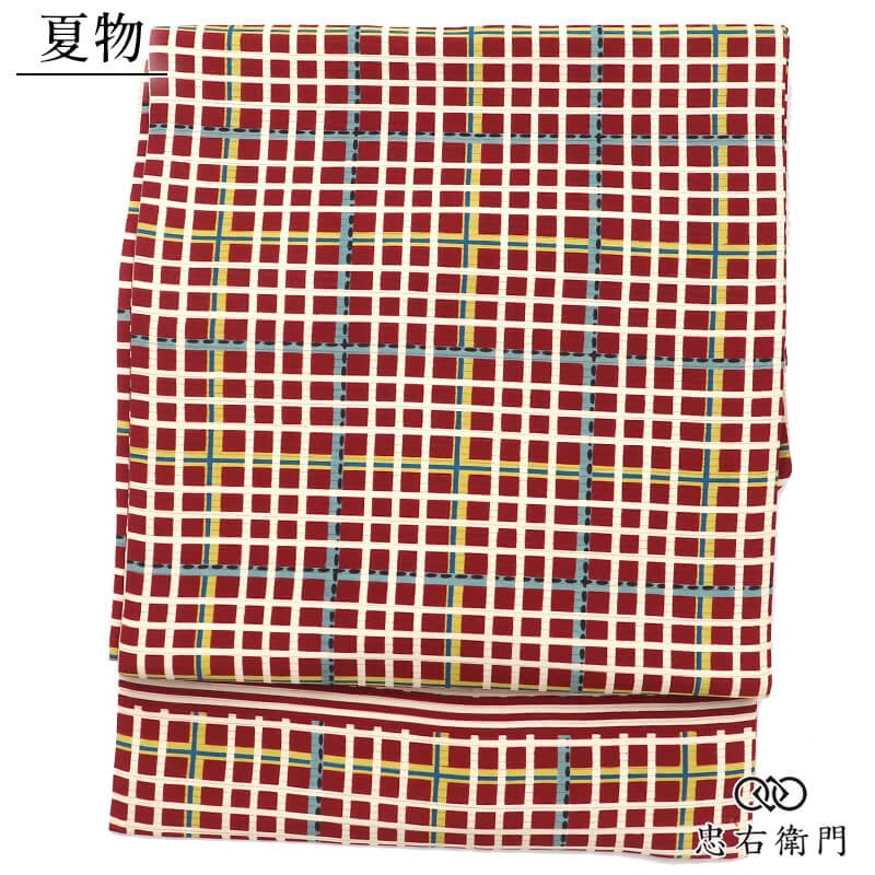 夏帯 夏名古屋帯 名古屋帯 正絹 全通柄 九寸帯 赤 チェック柄 格子柄 小粋 長さ330cm 幅31cm お出かけ ランチ イベント 街歩き カジュアル 細身サイズ リサイクル帯 中古帯 仕立て上がり帯 レディース 女性用 着物 即日発送 【中古】