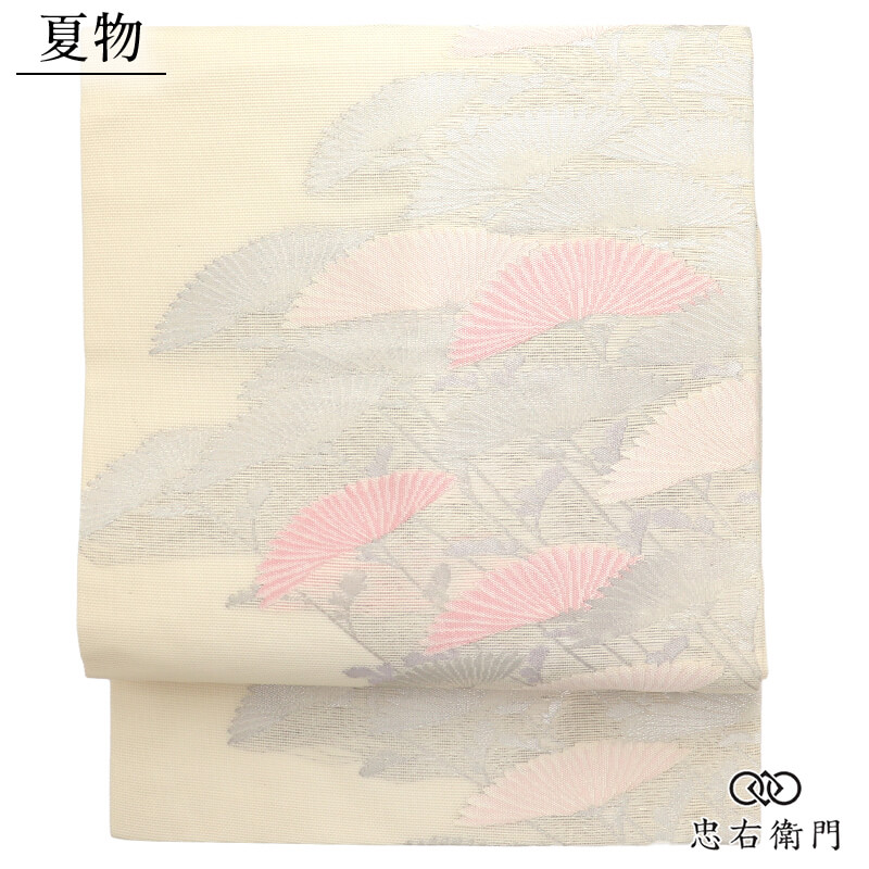 夏帯 名古屋帯 夏名古屋帯 正絹 六通柄 九寸帯 ベージュ 菊 花柄 上品 長さ358cm 幅30cm ランチ お出かけ 美術鑑賞 お稽古 リサイクル帯 中古帯 仕立て上がり帯 レディース 女性用 着物 即日発送 【中古】