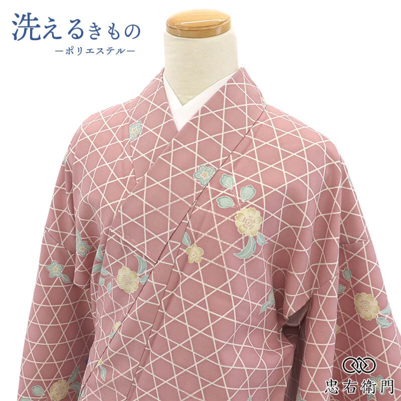 小紋 洗える着物 レディース 袷 ポリエステル灰桃 花柄 籠目 和柄 身丈167cm 裄丈68cm カジュアル お稽古 普段着 Lサイズ相当 リサイクル着物 リユース着物 中古着物 即日発送 【中古】