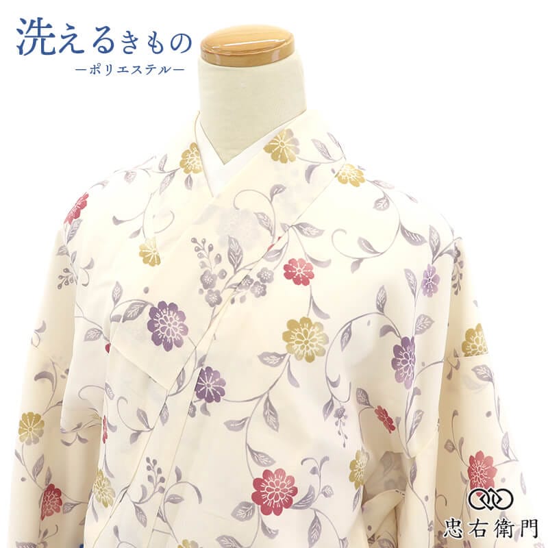 小紋 洗える着物 レディース 袷 ポリエステル白ベージュ 花唐草 上品 かわいい 身丈167cm 裄丈67.5cm カジュアル お稽古 普段着 Lサイズ相当 リサイクル着物 リユース着物 中古着物 即日発送 【中古】