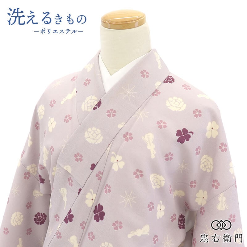 小紋 洗える着物 レディース 袷 ポリエステル薄紫 楽器柄 バイオリン 花柄 おしゃれ 身丈167cm 裄丈67.5cm カジュアル お稽古 普段着 コンサート Lサイズ相当 リサイクル着物 リユース着物 中古着物 即日発送 【中古】