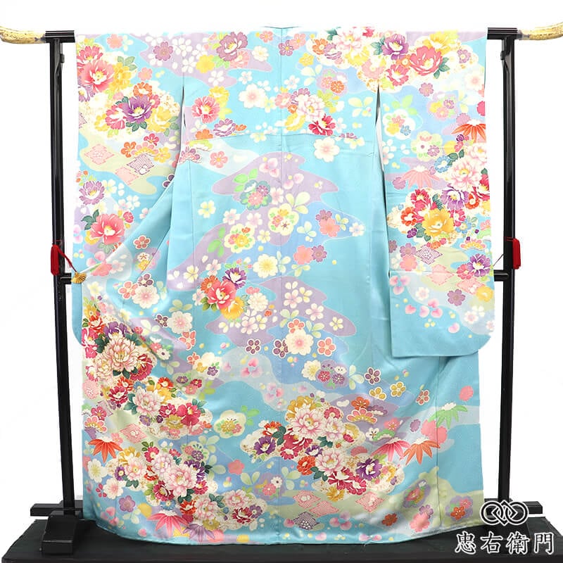振袖 成人式 前撮り 正絹 単品 正絹 水色 牡丹 菊 伝統文様 身丈173cm