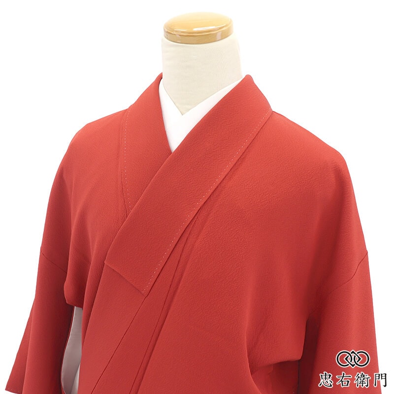 色無地 無地着物 袷 レディース 正絹 赤 無地 丸に梅鉢 身丈169cm 裄丈67cm 観劇 食事会 観劇 Lサイズ相当 リサイクル着物 リユース着物 中古着物 即日発送 【中古】