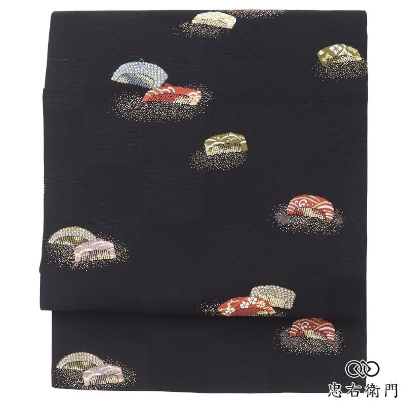 名古屋帯 なごや帯 正絹 六通柄 九寸帯 黒 櫛文様 飛び柄 上品 長さ357cm 幅30.5cm お稽古 食事会 お出かけ リサイクル帯 中古帯 仕立て上がり帯 レディース 女性用 着物 即日発送 【中古】