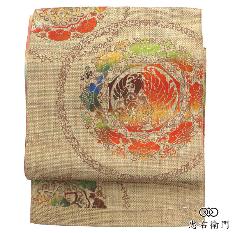 名古屋帯 なごや帯 正絹 六通柄 八寸帯 ベージュ 華文 鳳凰 アレンジ文様 長さ342cm 幅30cm 普段着 お出かけ ランチ 細身サイズ リサイクル帯 中古帯 仕立て上がり帯 レディース 女性用 着物 即日発送 【中古】