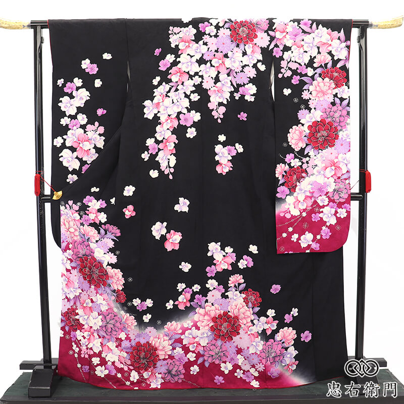 【おうち試着対象】振袖 成人式 前撮り 正絹 単品 正絹 黒 花柄 牡丹 カトレア モダン 身丈172.5cm 裄丈67cm M〜Lサイズ相当 晴れ着 結婚式 リユース振袖 中古振袖 レディース 女性用 即日発送 送料無料 即日発送 【中古】