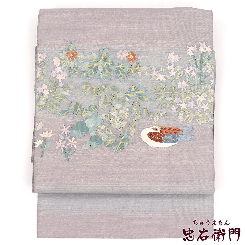 【中古】 名古屋帯 綴れ帯 正絹 八寸帯 お太鼓柄 グレー 鳥 長さ330cm 幅30cm リサイクル 和装 礼装 フォーマル 着物 仕立て上がりリサイクル帯 即日発送