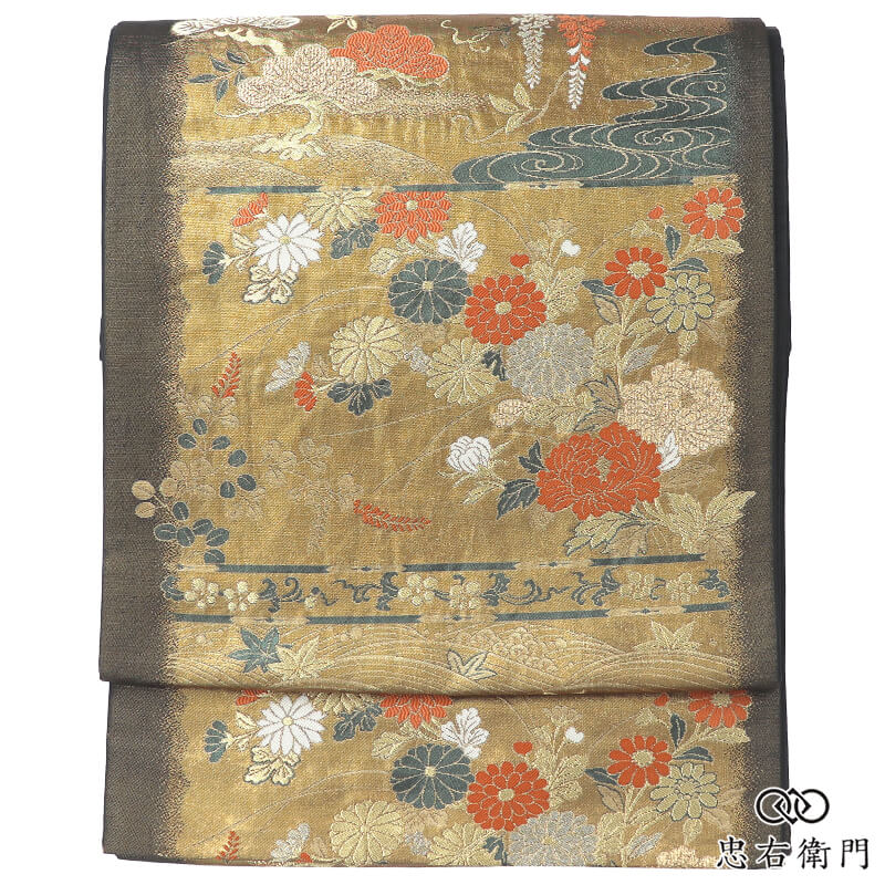 袋帯 フォーマル 正絹 六通柄 金 グレー 松 波文 伝統文様 古典柄 長さ424cm 幅31cm 結婚式 入学式 卒業式 式典 リサイクル帯 中古帯 仕立て上がり帯 レディース 女性用 着物 送料無料 即日発送 【中古】