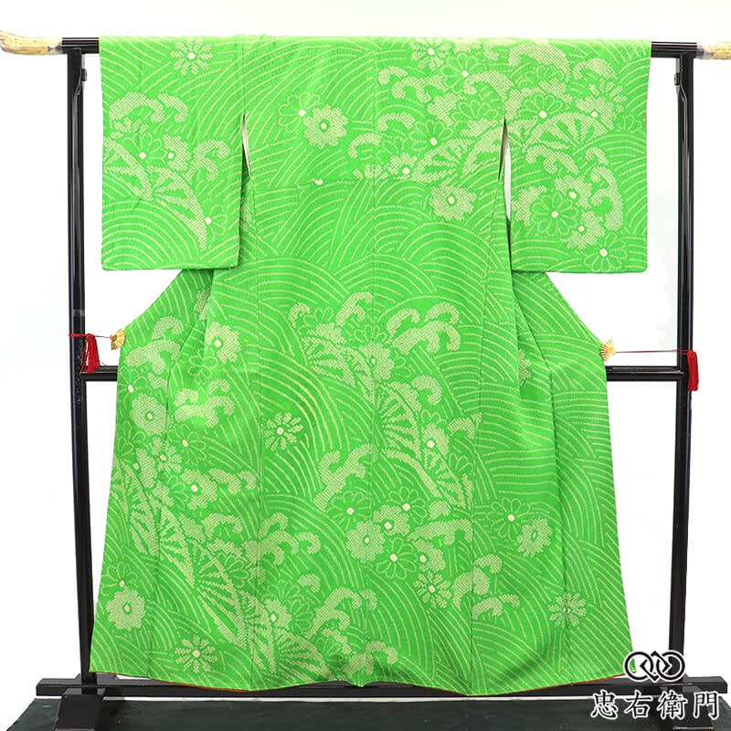 絞り付下げ フォーマル レディース 袷 正絹 緑 波文 片輪車文 古典柄 身丈160.5cm 裄丈65.5cm 舞台 食事会 イベントMサイズ相当 リサイクル着物 リユース着物 中古着物 即日発送 【中古】