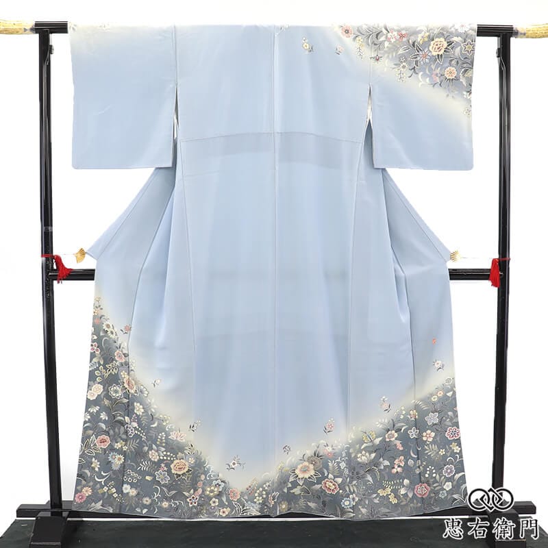 訪問着 フォーマル レディース 袷 正絹 灰水色 モダン 洋花 唐草 上品 身丈161cm 裄丈64.5cm 食事会 パーティ お出かけ Mサイズ相当 リサイクル着物 リユース着物 中古着物 送料無料 即日発送 【中古】