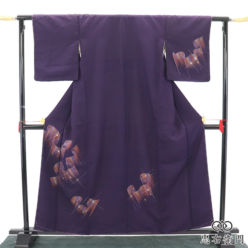 付下げ フォーマル レディース 袷 正絹 紺紫 オーロラ 個性柄 華やか ビジュー 身丈161cm 裄丈64.5cm 観劇 パーティ 食事会 舞台Mサイズ相当 リサイクル着物 リユース着物 中古着物 送料無料 即日発送 【中古】