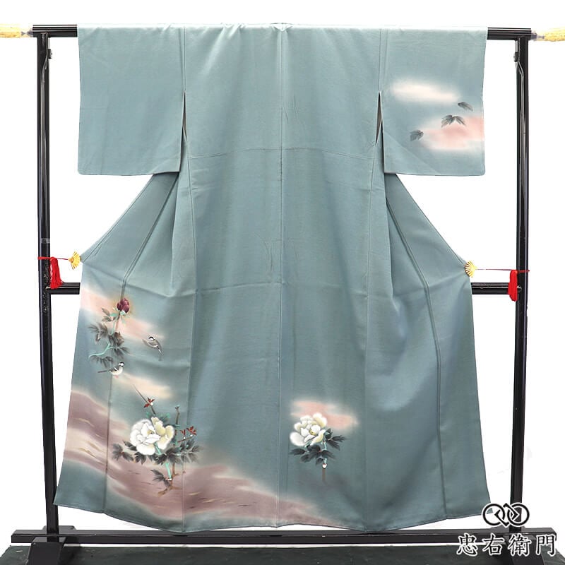 付下げ フォーマル レディース 袷 正絹 灰青 牡丹 小鳥 上品 品格 身丈158.5cm 裄丈63cm 観劇 食事会 お出かけ S〜Mサイズ相当 リサイクル着物 リユース着物 中古着物 送料無料 即日発送 【中古】