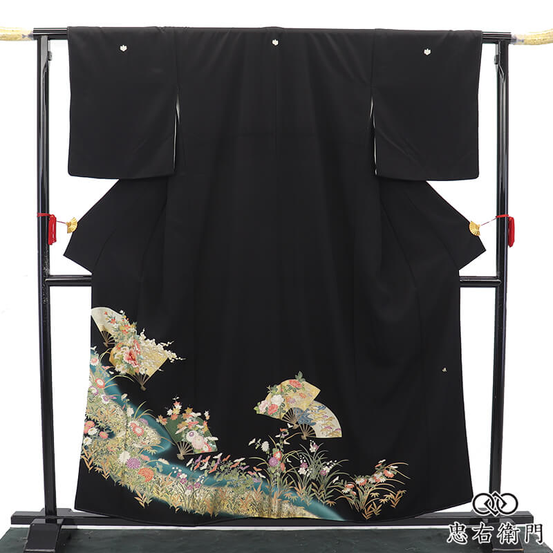 黒留袖 結婚式 販売 袷 レディース 正絹 五つ紋 黒 扇文 刺繍 金彩