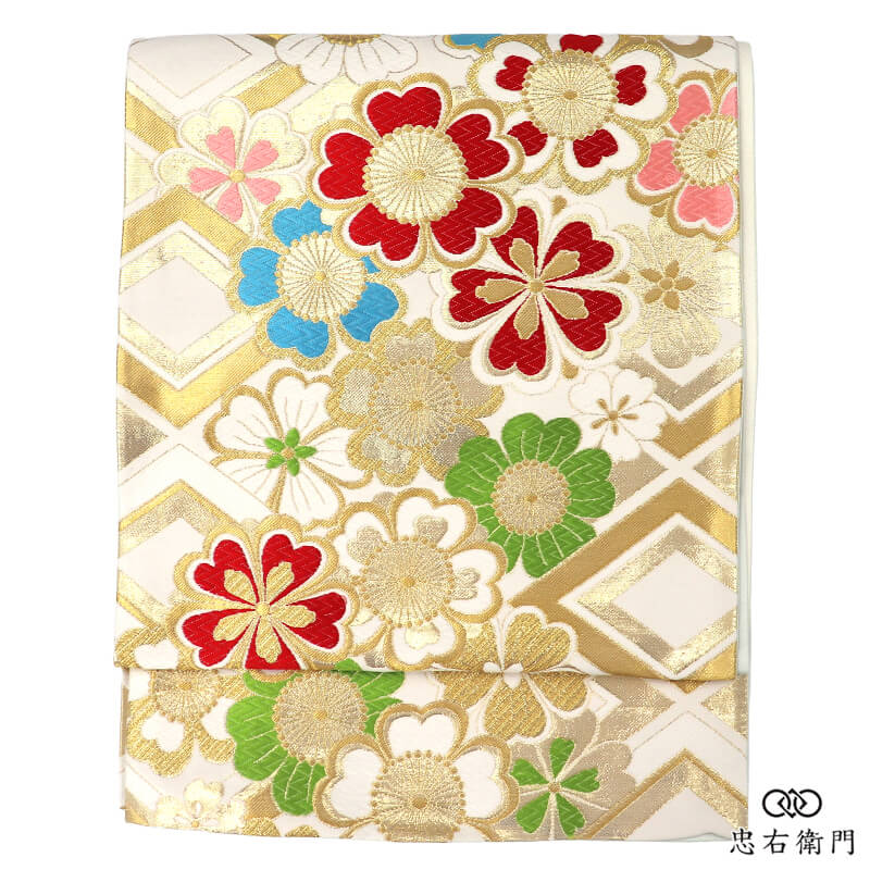 袋帯 振袖用 成人式 前撮り ポリエステル 六通柄 白 金 花柄 華やか かわいい 豪華 長さ430cm 幅31cm リサイクル帯 中古帯 仕立て上がり帯 レディース 女性用 着物 送料無料 即日発送 【中古】