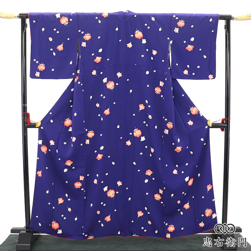 小紋 小紋着物 レディース 袷 正絹 紺青 花柄 かわいい 身丈166cm 裄丈67cm ランチ お出かけ 美術鑑賞 Lサイズ相当 リサイクル着物 リユース着物 中古着物 即日発送 【中古】