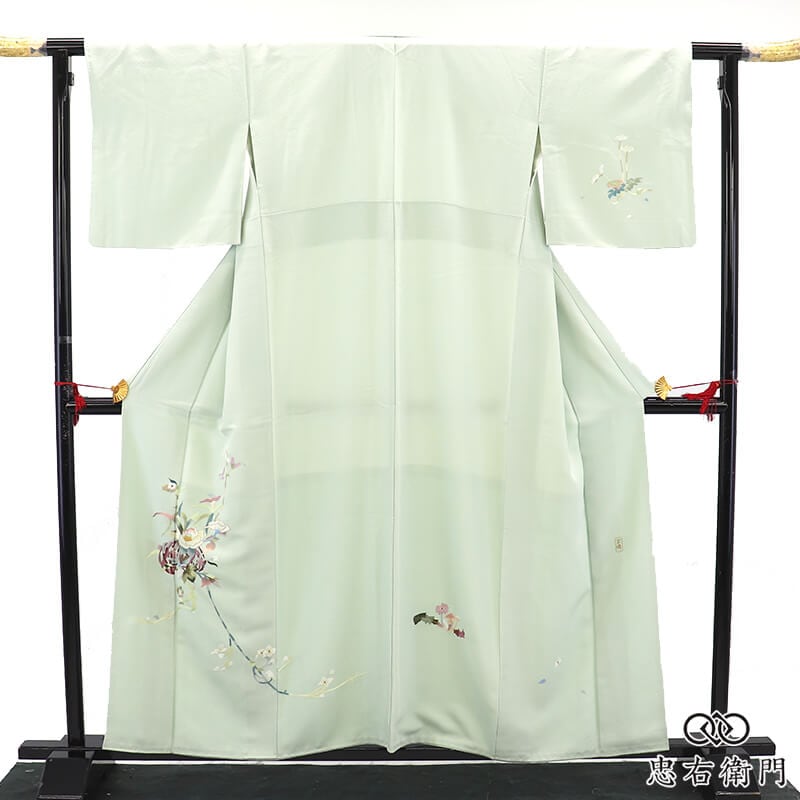 蘇州刺繍 訪問着 レディース 袷 正絹 薄緑 刺繍 草花 上品 身丈161cm 裄丈67cm 入学式 卒業式 七五三 Mサイズ相当 リサイクル着物 リユース着物 中古着物 送料無料 即日発送 【中古】