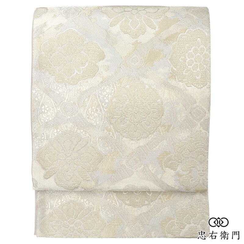 袋帯 正絹 六通柄 白銀 華文 地模様 上品 長さ456cm 幅30.5cm 結婚式 パーティ 会食 お集まり リサイクル帯 中古帯 仕立て上がり帯 レディース 女性用 着物 送料無料 即日発送 【中古】
