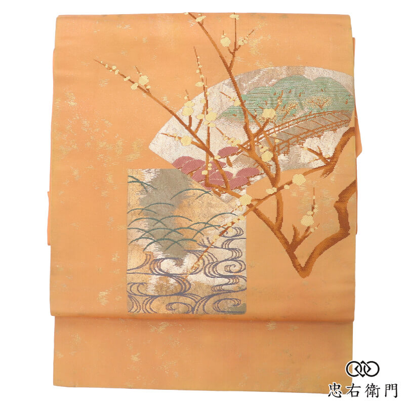 名古屋帯 正絹 お太鼓柄 九寸帯 橙 地紙文 風景柄 上品 長さ352cm 幅30.5cm 観劇 お出かけ お稽古 リサイクル帯 中古帯 仕立て上がり帯 レディース 女性用 着物 送料無料 即日発送 【中古】