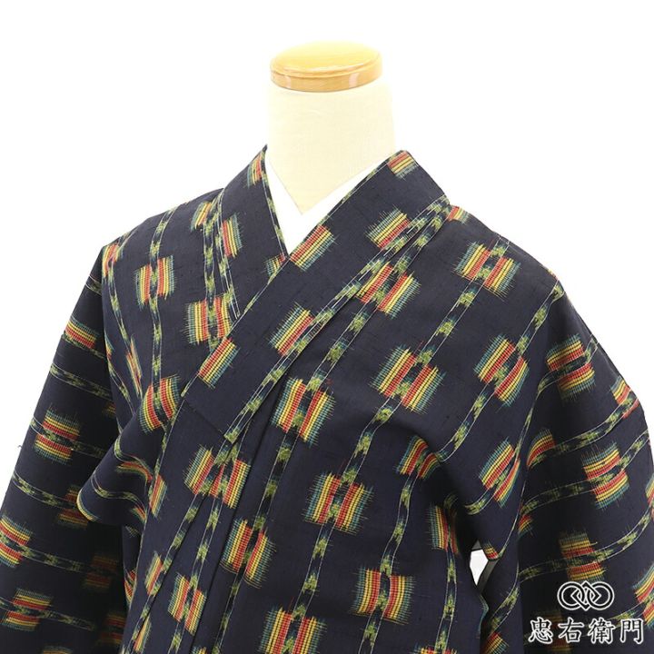 未使用❣️正絹❣️夏紬❣️作家物❣️落款❣️単のお着物に❣️粋な名古屋帯❣️ 紬 着物 レディース 袷 正絹 濃紺 絣文様 華やぎ 身丈164.5cm 裄丈65.5