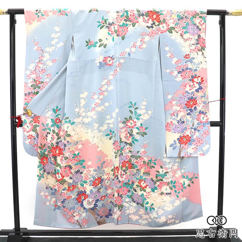 振袖 成人式 前撮り 単品 正絹 水色 花 鳥 豪華 上品 身丈155cm 裄丈62.5cm 晴れ着 結婚式 リユース振袖 中古振袖 レディース 女性用 即日発送 【中古】
