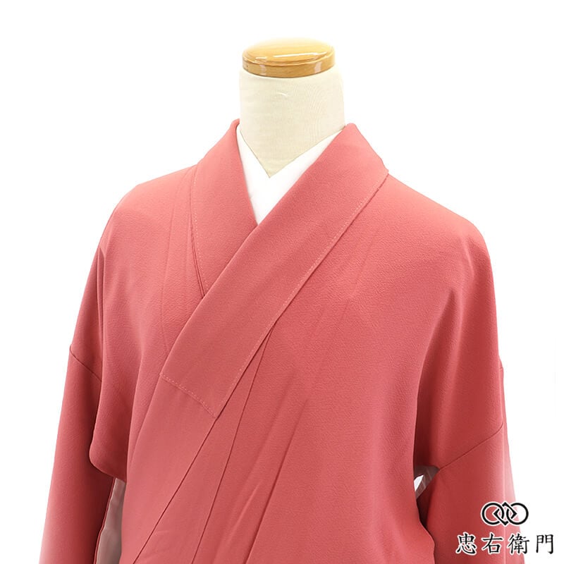 色無地 着物 一つ紋 丸に剣片喰 レディース 袷 正絹 濃赤桃 無地 身丈172cm 裄丈69.5cm 入学式 七五三 お茶会 お稽古 大きいサイズ リサイクル着物 リユース着物 中古着物 即日発送 【中古】