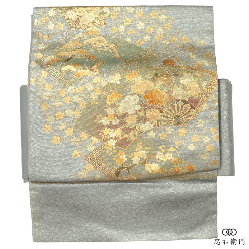 作り帯 軽装帯 つくり帯 一体型 正絹 お太鼓 二重太鼓 青灰 金 地紙文 鶴 松 吉祥柄 長さ41cm 幅31cm 観劇 パーティ フォーマル リサイクル帯 中古帯 仕立て上がり帯 レディース 女性用 着物 即日発送 【中古】