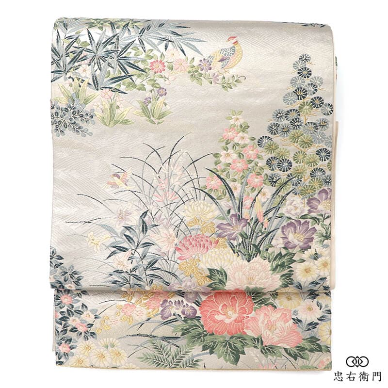 本泥箔 袋帯 フォーマル 正絹 六通柄 銀 金 寿麗鳥錦織 花柄 上品 長さ435cm 幅30cm 七五三 入学式 卒業式 式典 リサイクル帯 中古帯 仕立て上がり帯 レディース 女性用 着物 送料無料 即日発送 【中古】