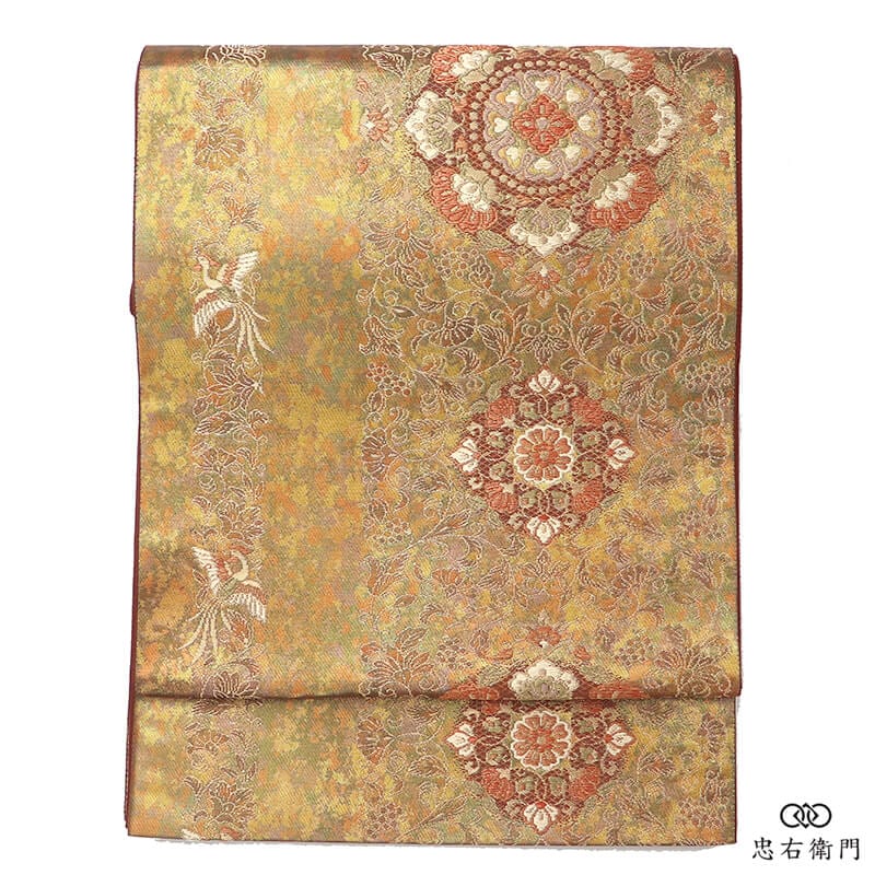 袋帯 フォーマル 正絹 六通柄 茶金 箔地 華文 唐草 上品 長さ430cm 幅31cm 会食 式典 リサイクル帯 中古帯 仕立て上がり帯 レディース 女性用 着物 送料無料 即日発送 【中古】