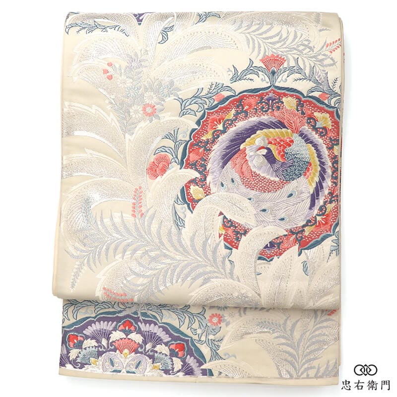 袋帯 フォーマル 正絹 六通柄 白 銀 鳥 華文 秋草に雉花丸文 長さ426cm 幅31cm 式典 パーティ リサイクル帯 中古帯 仕立て上がり帯 レディース 女性用 着物 即日発送 【中古】