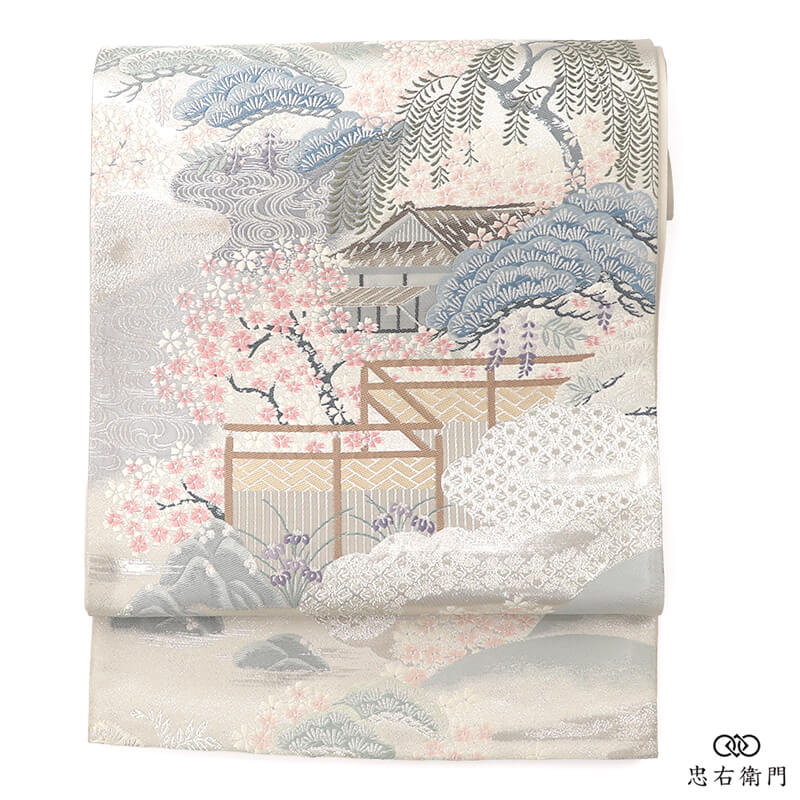 袋帯 フォーマル 正絹 六通柄 銀 風景柄 春窓閑雅文 長さ422cm 幅30.5cm お茶会 式典 食事会 観劇 リサイクル帯 中古帯 仕立て上がり帯 レディース 女性用 着物 送料無料 即日発送 【中古】