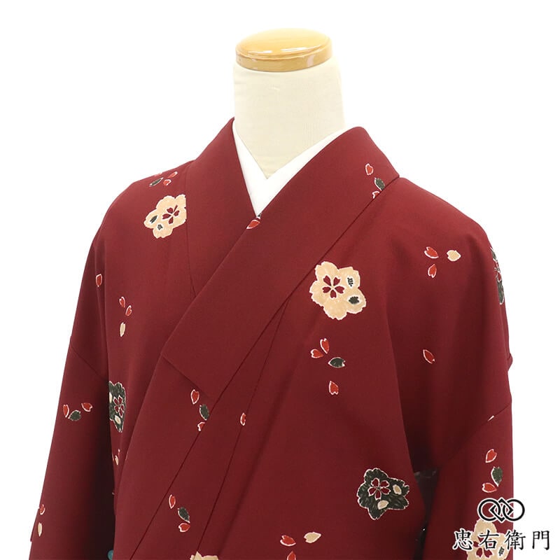 小紋 着物 レディース 袷 ポリエステル エンジ 桜 花びら かわいい レトロモダン 身丈164cm 裄丈65cm 街歩き ランチ お出かけ M~Lサイズ相当 リサイクル着物 リユース着物 中古着物 即日発送 【中古】