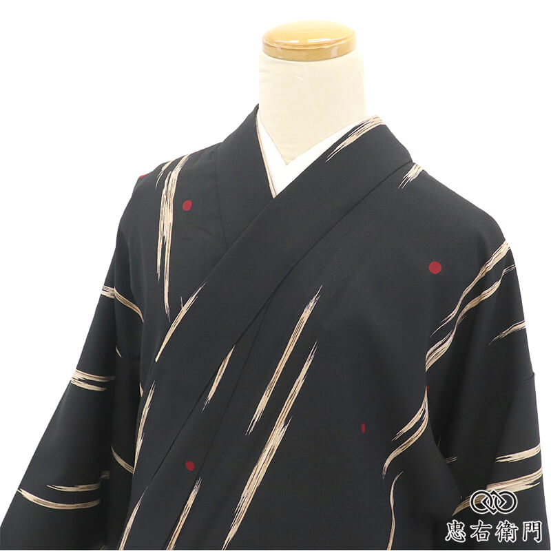 小紋 着物 レディース 袷 ポリエステル 黒 ドット 抽象柄 モダン 身丈166cm 裄丈67.5cm 街歩き ランチ お出かけ M~Lサイズ相当 リサイクル着物 リユース着物 中古着物 即日発送 【中古】