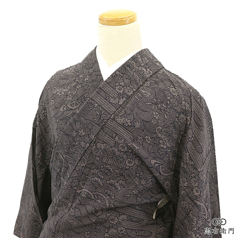単衣着物 紬 染め紬 着物 レディース 正絹 こげ茶 伝統文様 多柄 身丈167cm 裄丈69cm 観劇 街歩き お出かけ Lサイズ相当 ゆったりサイズ リサイクル着物 リユース着物 中古着物 即日発送 【中古】
