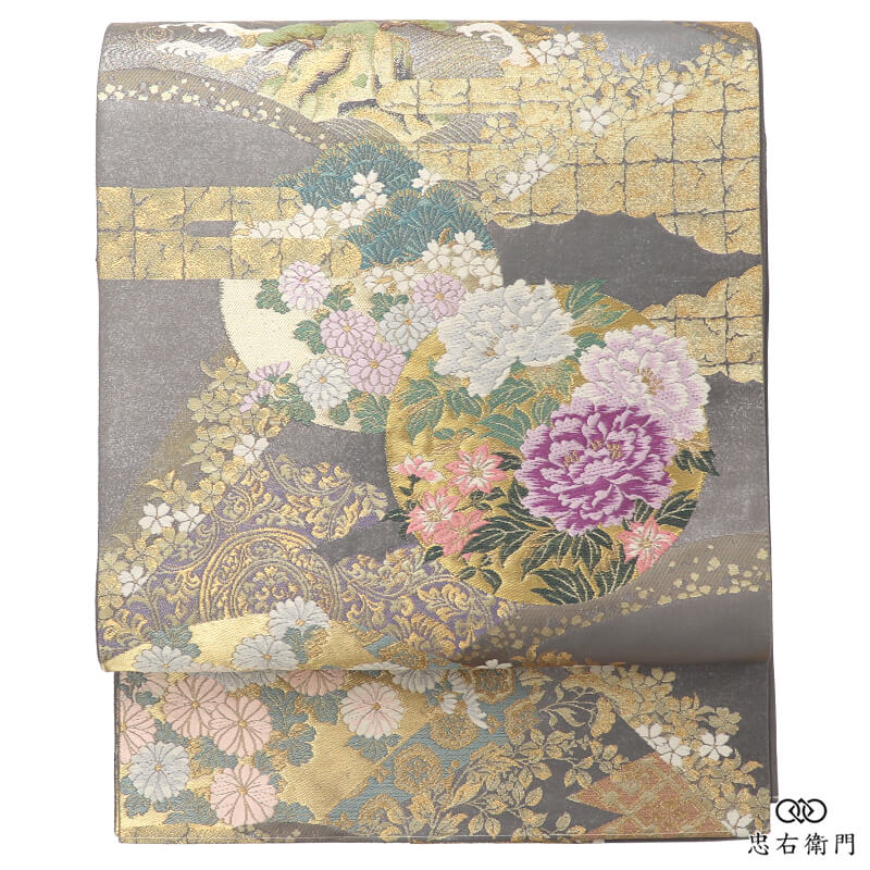 袋帯 フォーマル 正絹 六通柄 銀 グレー 丸文 吉祥柄 古典柄 長さ432cm 幅31cm 結婚式 式典 格式 入学式 七五三 リサイクル帯 中古帯 仕立て上がり帯 レディース 女性用 着物 送料無料 即日発送 【中古】