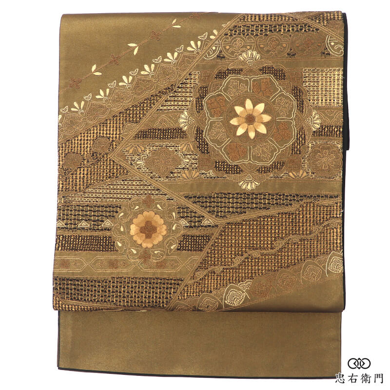 汕頭刺繍 袋帯 フォーマル 正絹 お太鼓柄 茶緑 金 華文 上品 長さ443cm 幅31cm 式典 お食事会 パーティ リサイクル帯 中古帯 仕立て上がり帯 レディース 女性用 着物 送料無料 即日発送 【中古】