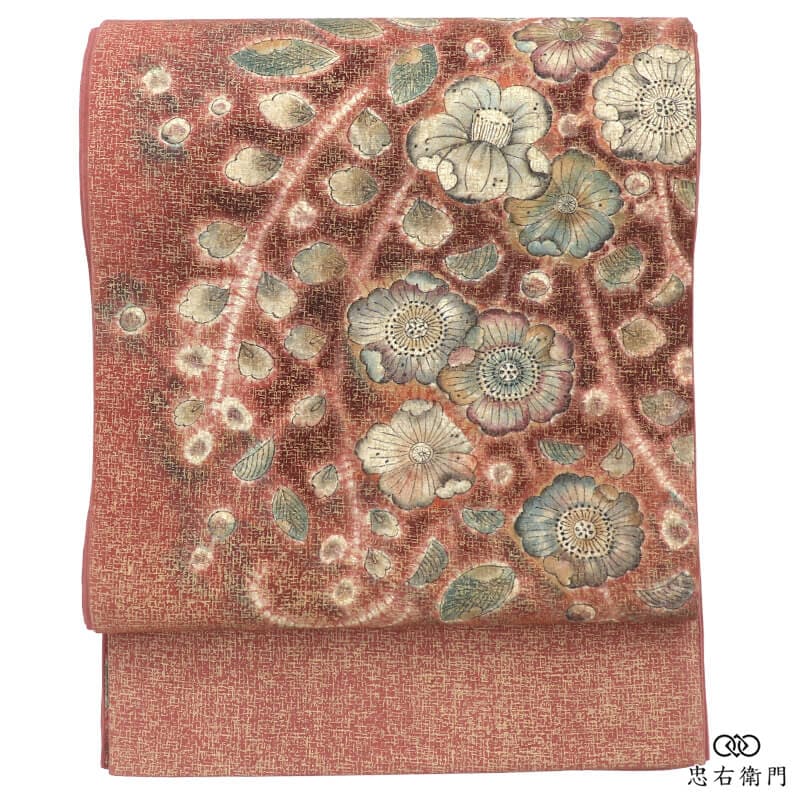 袋帯 おしゃれ袋帯 洒落帯 正絹 お太鼓柄 赤茶 辻が花 上品 和色 長さ414cm 幅30.5cm 観劇 街歩き お出かけ リサイクル帯 中古帯 仕立て上がり帯 レディース 女性用 着物 送料無料 即日発送 【中古】